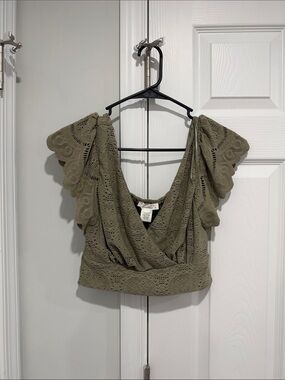 Scalloped Eyelet Wrap Crop Top - Olive